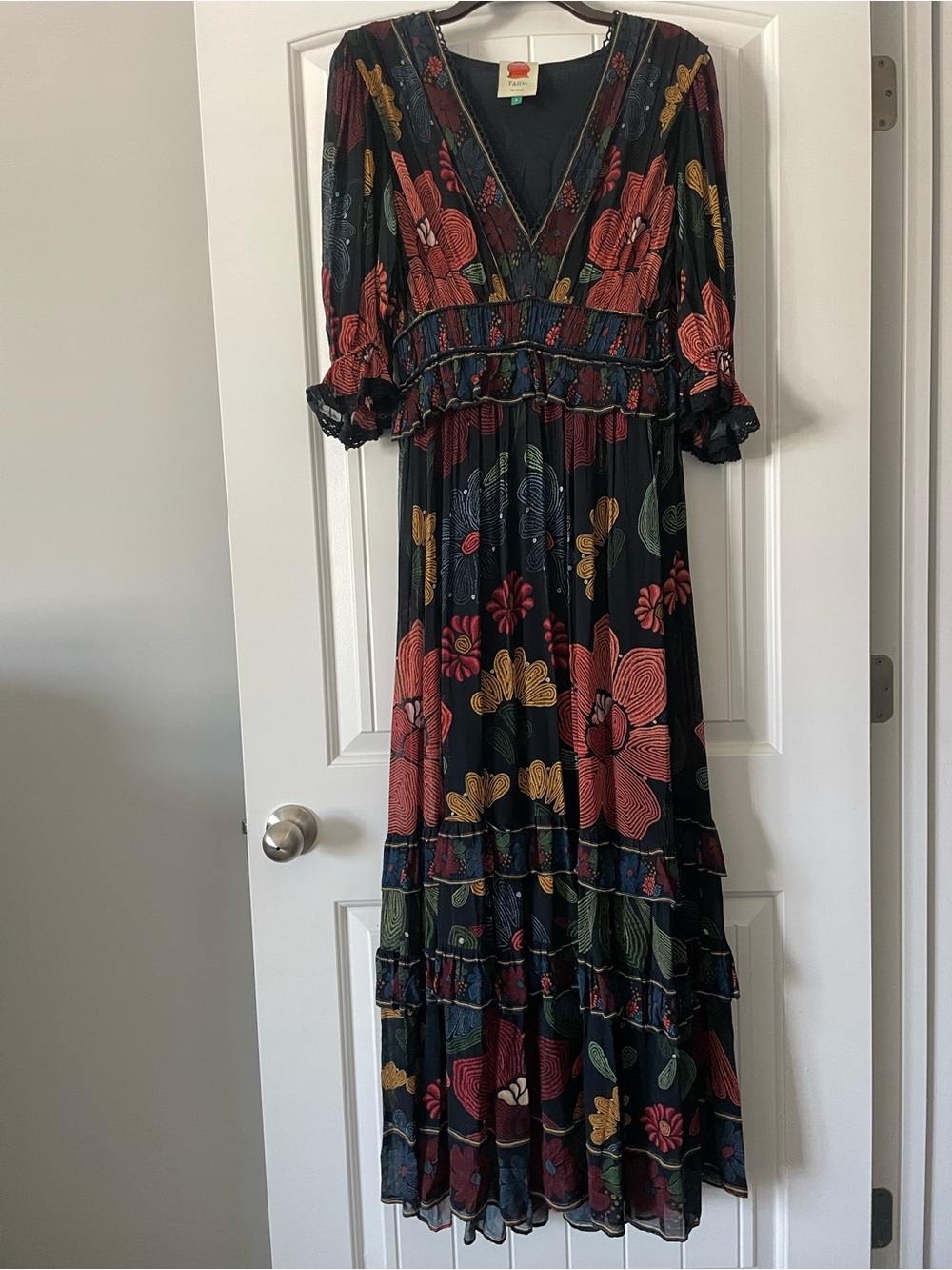 Farm Rio Floral V-Neck Tiered Maxi Dress in Black - Picture 4 of 11